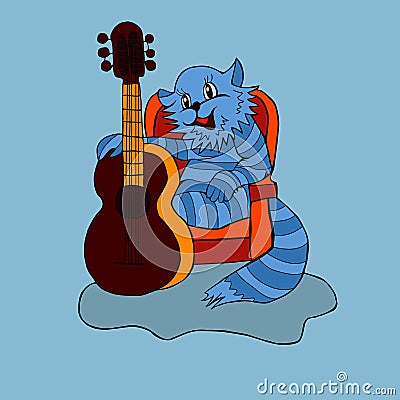 Cat, songs, guitar, cartoon, music, joy, fun, holiday, sound, harmony, rhythm, pattern, tail, wool, kitten, animals, striped, blue Stock Photo